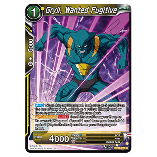 Gryll, Wanted Fugitive BATTLE card from the Dragon Ball Super Card Game set Impact Beyond Dimension (BT31-078)