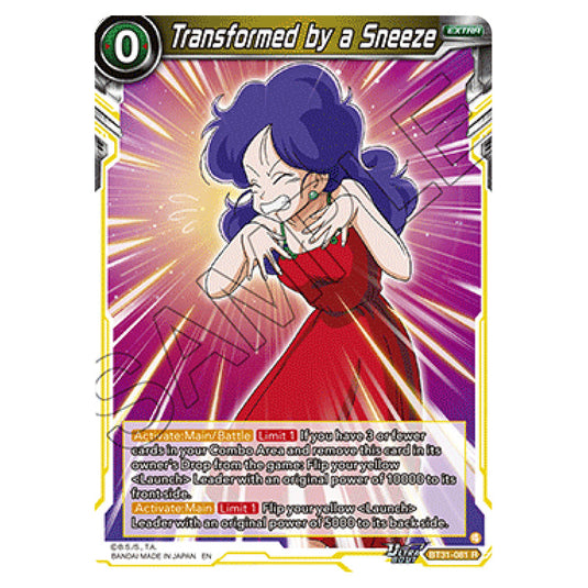 Transformed by a Sneeze EXTRA card from the Dragon Ball Super Card Game set Impact Beyond Dimension (BT31-081)
