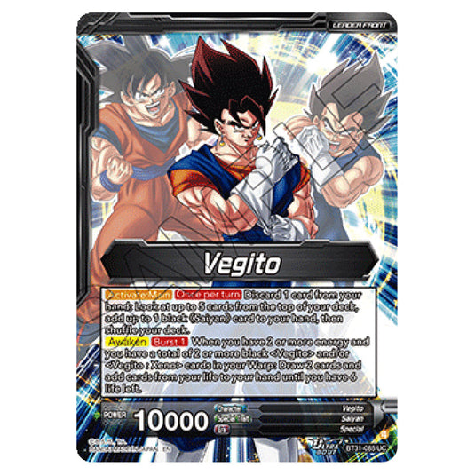 Vegito LEADER card from the Dragon Ball Super Card Game set Impact Beyond Dimension (BT31-085)