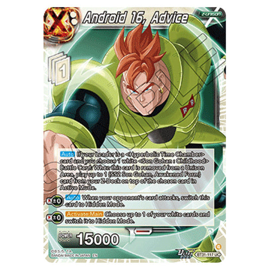 Android 16, Advice Z-UNISON card from the Dragon Ball Super Card Game set Impact Beyond Dimension (BT31-117)