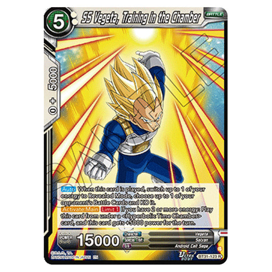 SS Vegeta, Training in the Chamber BATTLE card from the Dragon Ball Super Card Game set Impact Beyond Dimension (BT31-123)