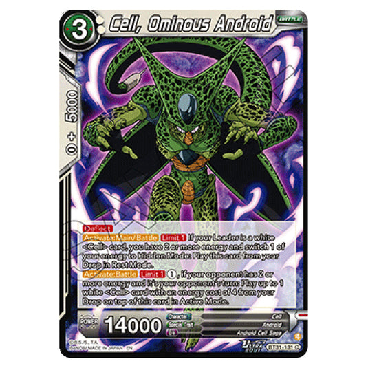 Cell, Ominous Android BATTLE card from the Dragon Ball Super Card Game set Impact Beyond Dimension (BT31-131)