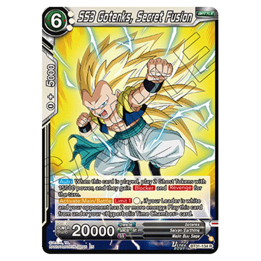 SS3 Gotenks, Secret Fusion BATTLE card from the Dragon Ball Super Card Game set Impact Beyond Dimension (BT31-134)