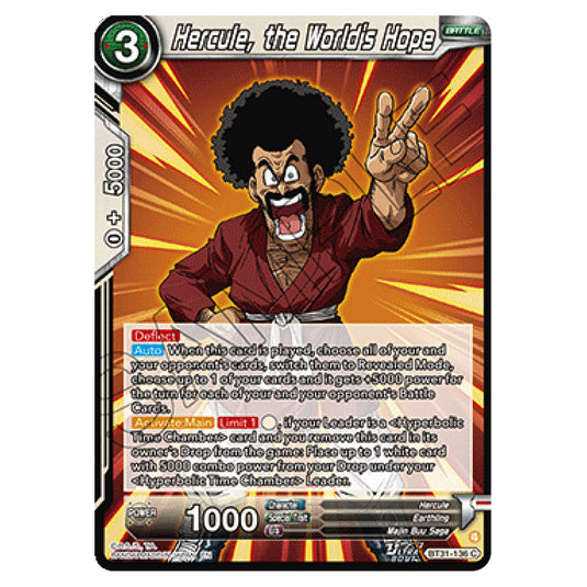 Hercule, the World’s Hope BATTLE card from the Dragon Ball Super Card Game set Impact Beyond Dimension (BT31-136)