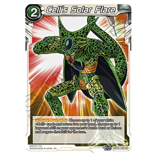 Cell’s Solar Flare EXTRA card from the Dragon Ball Super Card Game set Impact Beyond Dimension (BT31-138)