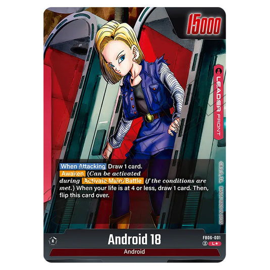 Android 18 LEADER card from the Dragon Ball Super Card Game Fusion World set FB06 - Rivals Clash