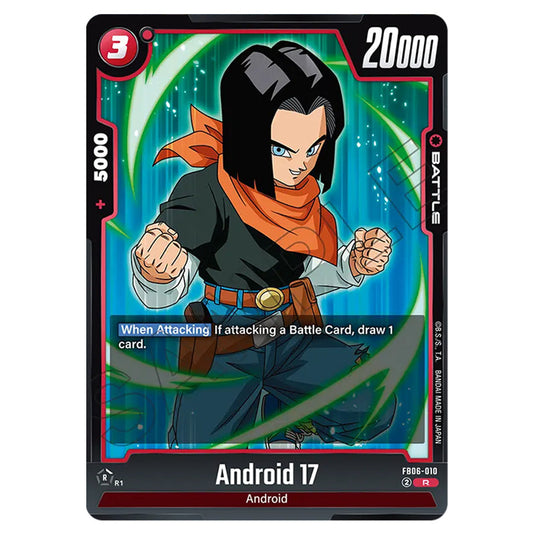 Android 17 BATTLE card from the Dragon Ball Super Card Game Fusion World set FB06 - Rivals Clash