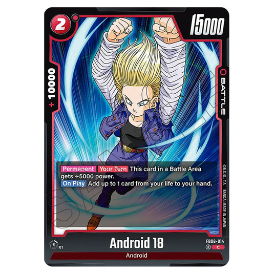 Android 18 BATTLE card from the Dragon Ball Super Card Game Fusion World set FB06 - Rivals Clash