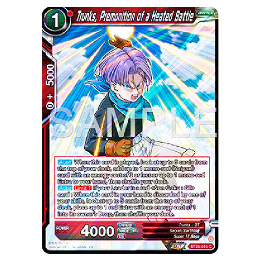 Trunks, Premonition of a Heated Battle Red card from the Dragon Ball Super Card Game Fusion World set B26 - Ultimate Advent