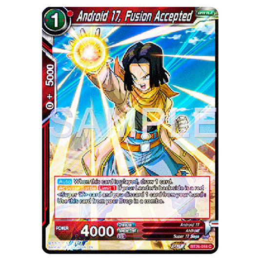 Android 17, Fusion Accepted Red card from the Dragon Ball Super Card Game Fusion World set B26 - Ultimate Advent