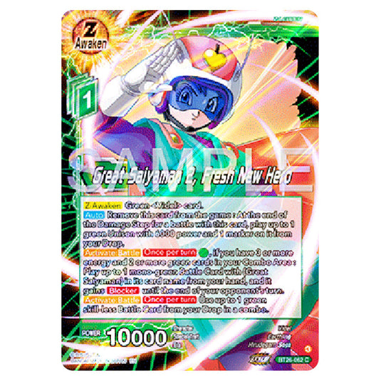 Great Saiyaman 2, Fresh New Hero Green card from the Dragon Ball Super Card Game Fusion World set B26 - Ultimate Advent