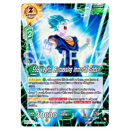 SSB Vegito, Surpassing Immortal Gods! Green card from the Dragon Ball Super Card Game Fusion World set B26 - Ultimate Advent