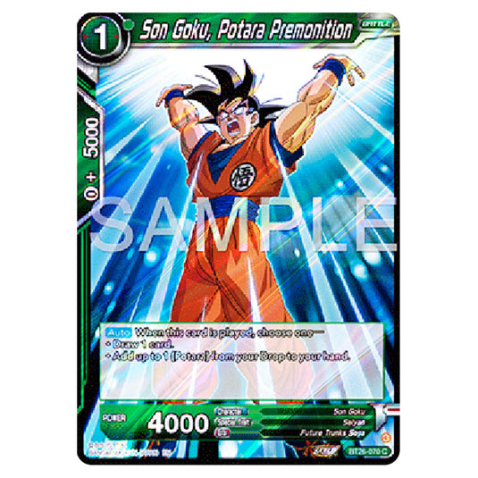 Son Goku, Potara Premonition Green card from the Dragon Ball Super Card Game Fusion World set B26 - Ultimate Advent