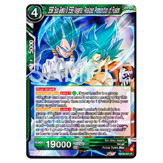 SSB Son Goku & SSB Vegeta, Realized Premonition of Fusion Green card from the Dragon Ball Super Card Game Fusion World set B26 - Ultimate Advent