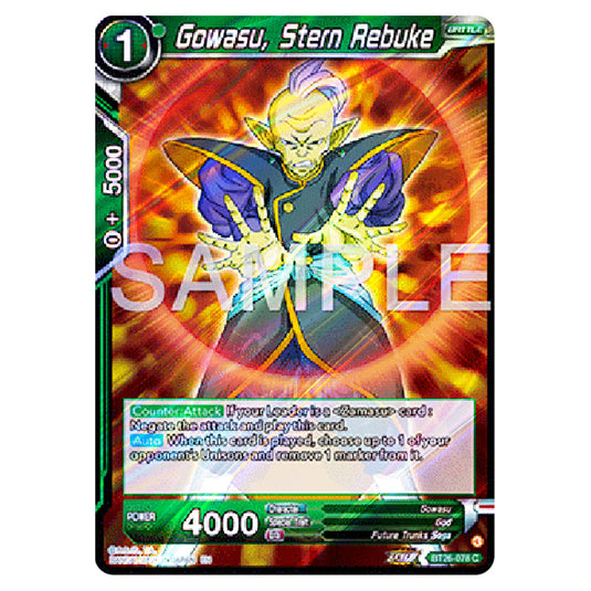 Gowasu, Stern Rebuke Green card from the Dragon Ball Super Card Game Fusion World set B26 - Ultimate Advent