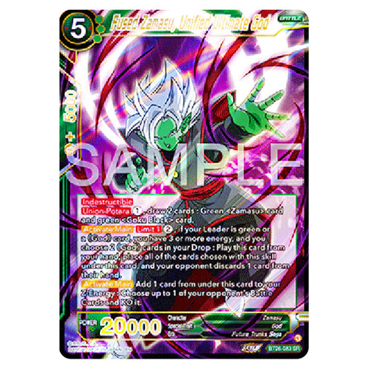 Fused Zamasu, Unified Ultimate God Green card from the Dragon Ball Super Card Game Fusion World set B26 - Ultimate Advent