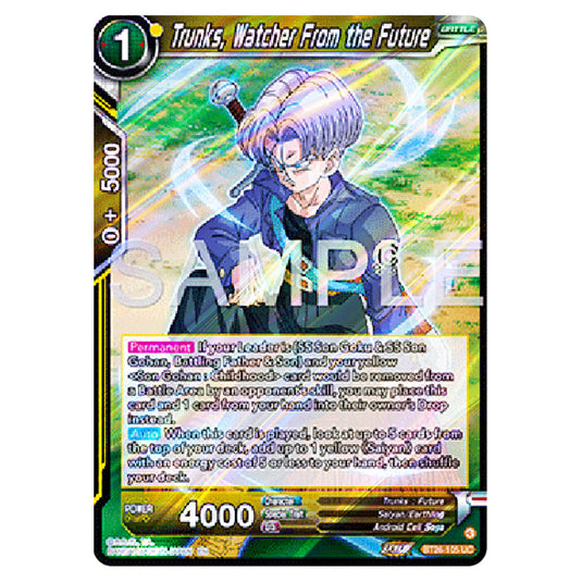 Trunks, Watcher From the Future Yellow card from the Dragon Ball Super Card Game Fusion World set B26 - Ultimate Advent