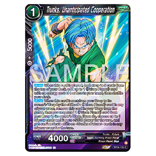 Trunks, Unanticipated Cooperation Black card from the Dragon Ball Super Card Game Fusion World set B26 - Ultimate Advent