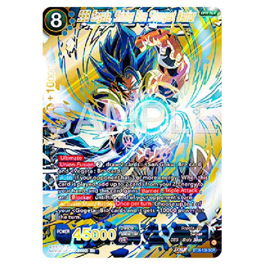 SSB Gogeta, Shining Blue Strongest Warrior Blue card from the Dragon Ball Super Card Game Fusion World set B26 - Ultimate Advent