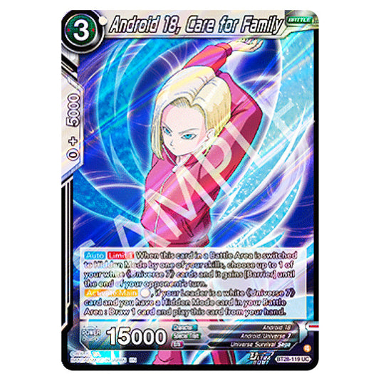 Android 18, Care for Family Uncommon card from the Dragon Ball Super Card Game set Prismatic Clash