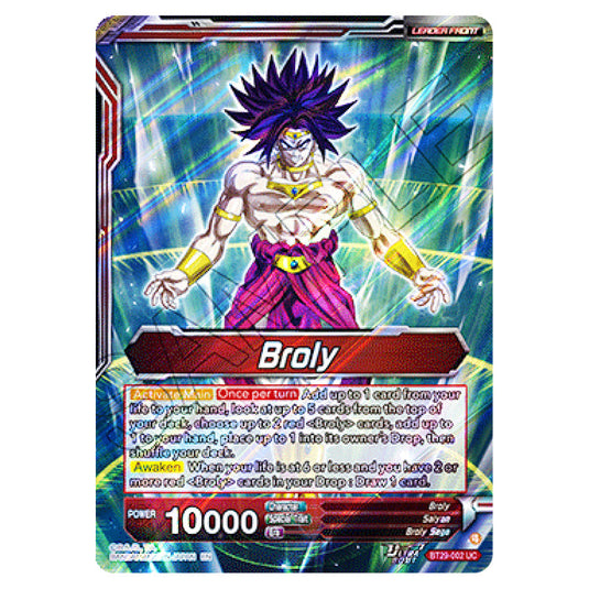 Broly LEADER card from the Dragon Ball Super Card Game set Fearsome Rivals (BT29-002)