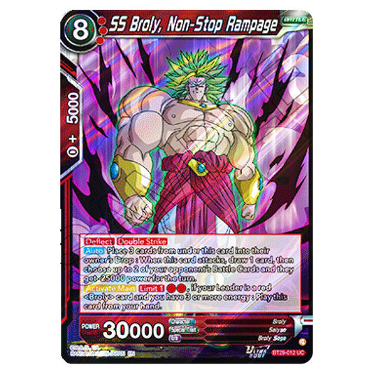 SS Broly, Non-Stop Rampage BATTLE card from the Dragon Ball Super Card Game set Fearsome Rivals (BT29-012)