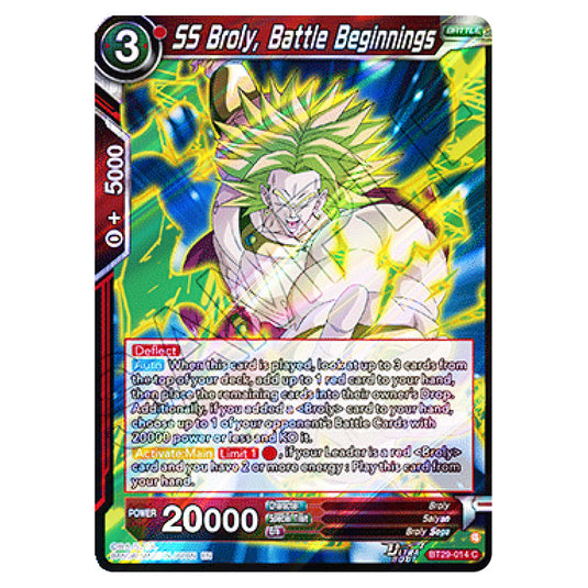 SS Broly, Battle Beginnings BATTLE card from the Dragon Ball Super Card Game set Fearsome Rivals (BT29-014)