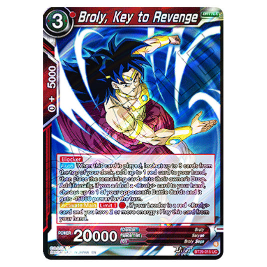 Broly, Key to Revenge BATTLE card from the Dragon Ball Super Card Game set Fearsome Rivals (BT29-015)
