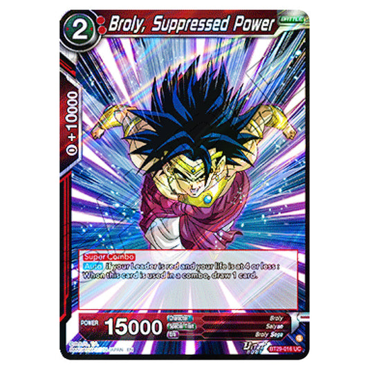 Broly, Suppressed Power BATTLE card from the Dragon Ball Super Card Game set Fearsome Rivals (BT29-016)