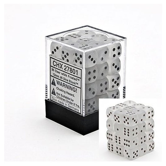 Chessex - Signature - 12mm d6 with pips Dice Blocks (36 Dice) - Frosted Clear w/black