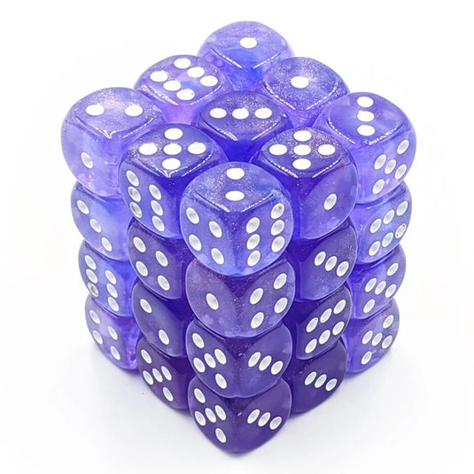 Chessex - Signature - 12mm d6 with pips Dice Blocks (36 Dice) - Borealis Purple w/white