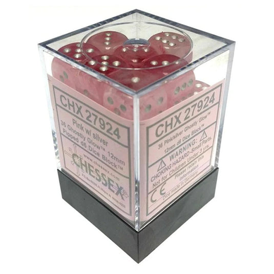 Chessex - Signature - 12mm d6 with pips Dice Blocks (36 Dice) - Ghostly Glow Pink/silver