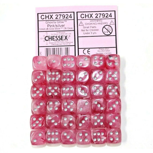 Chessex - Signature - 12mm d6 with pips Dice Blocks (36 Dice) - Ghostly Glow Pink/silver