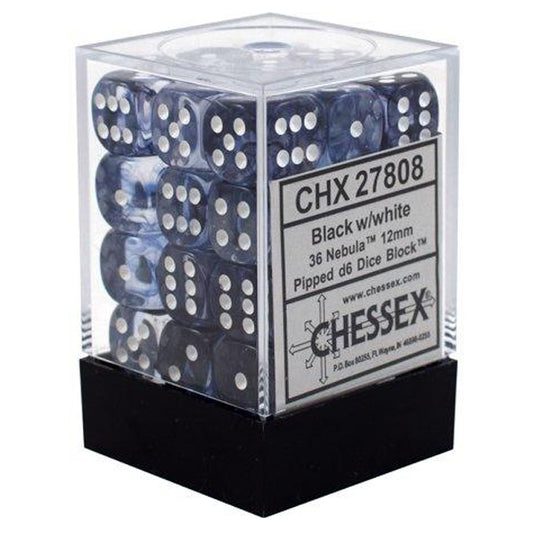 Chessex - Signature - 12mm d6 with pips Dice Blocks (36 Dice) - Nebula Black w/white