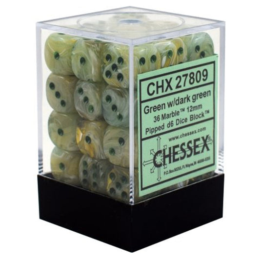 Chessex - Signature - 12mm d6 with pips Dice Blocks (36 Dice) - Marble Green w/dark green