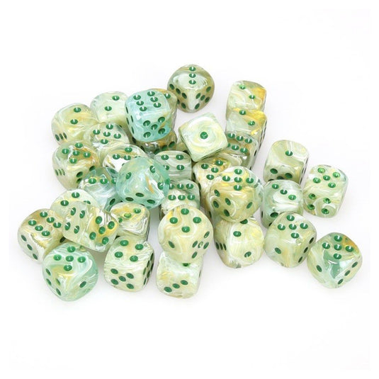 Chessex - Signature - 12mm d6 with pips Dice Blocks (36 Dice) - Marble Green w/dark green