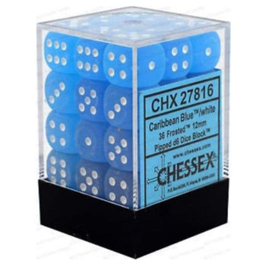 Chessex - Signature - 12mm d6 with pips Dice Blocks (36 Dice) - Frosted Caribbean Blue w/white