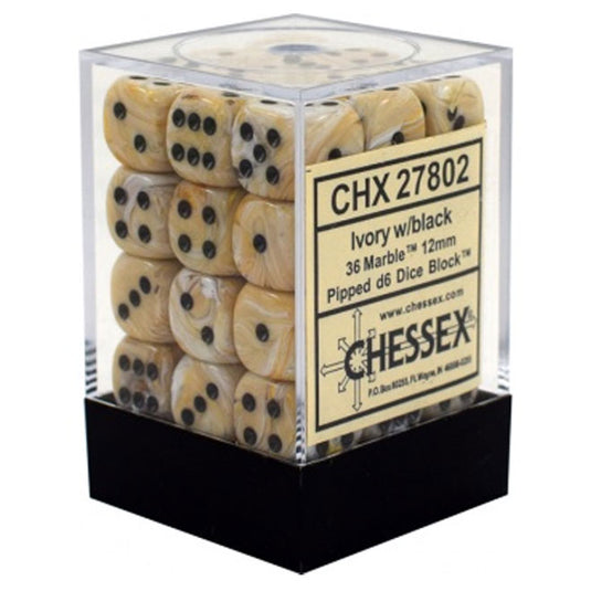 Chessex - Signature - 12mm d6 with pips Dice Blocks (36 Dice) - Marble Ivory w/black