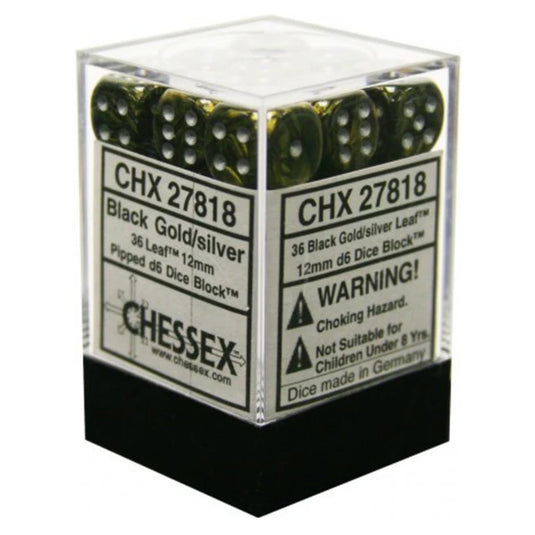 Chessex - Signature - 12mm d6 with pips Dice Blocks (36 Dice) - Leaf Black Gold w/silver