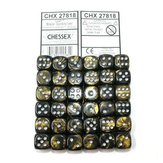 Chessex - Signature - 12mm d6 with pips Dice Blocks (36 Dice) - Leaf Black Gold w/silver