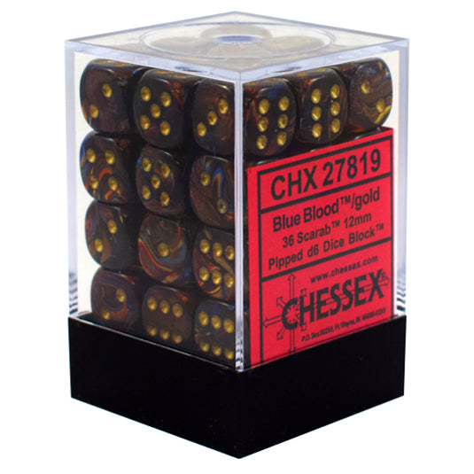 Chessex - Signature - 12mm d6 with pips Dice Blocks (36 Dice) - Scarab Blue Blood w/gold