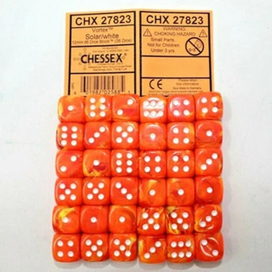 Chessex - Signature - 12mm d6 with pips Dice Blocks (36 Dice) - Vortex Solar w/white