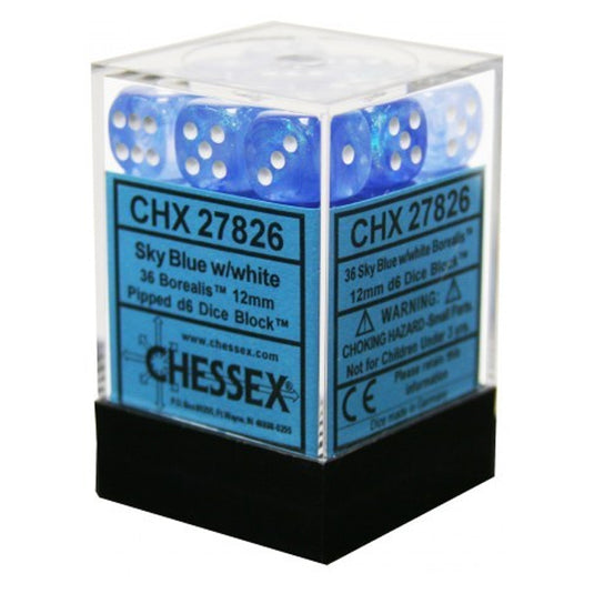 Chessex - Signature - 12mm d6 with pips Dice Blocks (36 Dice) - Borealis Sky Blue w/white