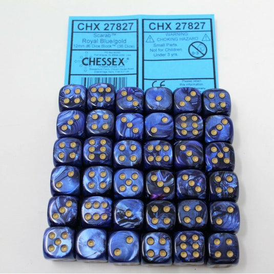 Chessex - Signature - 12mm d6 with pips Dice Blocks (36 Dice) - Scarab Royal Blue w/gold