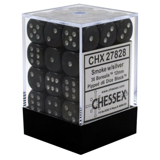 Chessex - Signature - 12mm d6 with pips Dice Blocks (36 Dice) - Borealis Smoke w/silver