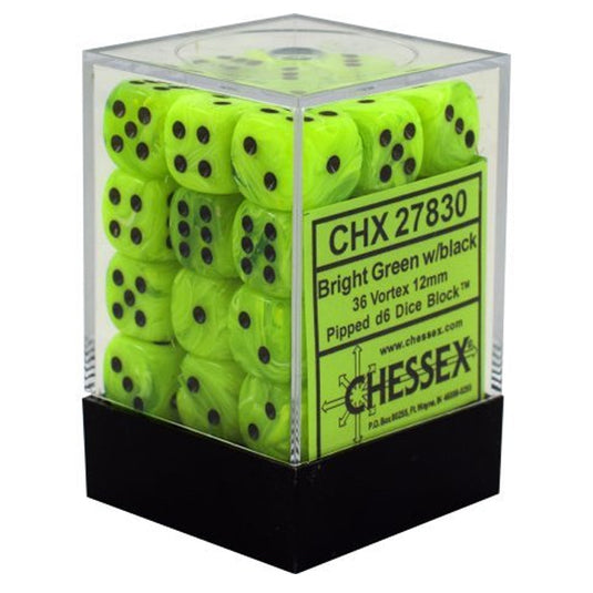 Chessex - Signature - 12mm d6 with pips Dice Blocks (36 Dice) - Vortex Bright Green w/black