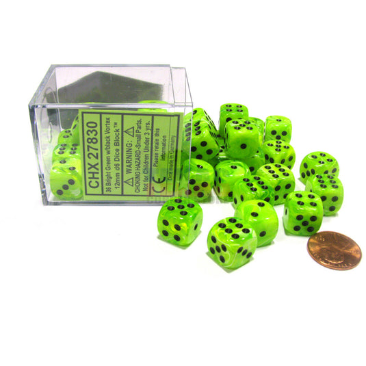 Chessex - Signature - 12mm d6 with pips Dice Blocks (36 Dice) - Vortex Bright Green w/black