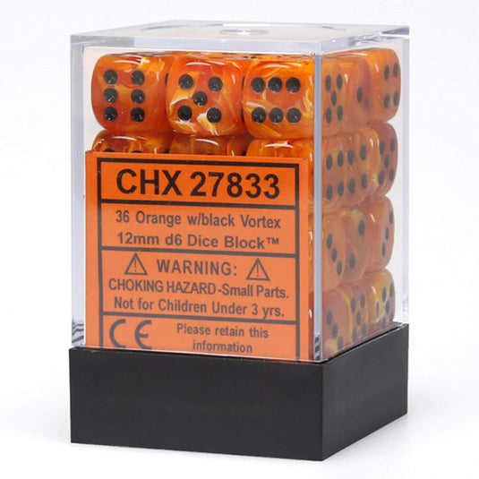 Chessex - Signature - 12mm d6 with pips Dice Blocks (36 Dice) - Vortex Orange w/black