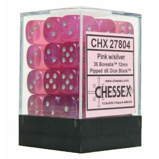 Chessex - Signature - 12mm d6 with pips Dice Blocks (36 Dice) - Borealis Pink w/silver