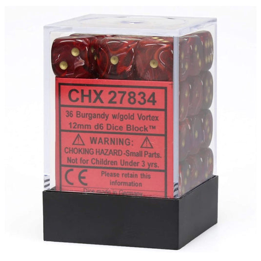 Chessex - Signature - 12mm d6 with pips Dice Blocks (36 Dice) - Vortex Burgundy w/gold